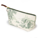 Reverse of the Butter and Pine Toile Travel Clutch, showing a fruit picker on a ladder, a rowboat and haymakers