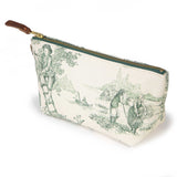 Reverse of the Butter and Pine Toile Travel Clutch, showing a fruit picker on a ladder, a rowboat and haymakers