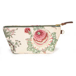 Front of the Botanique Floral Print Travel Clutch, a pink and deep rose cabbage rose with sage leaves, brass zipper and leather pull