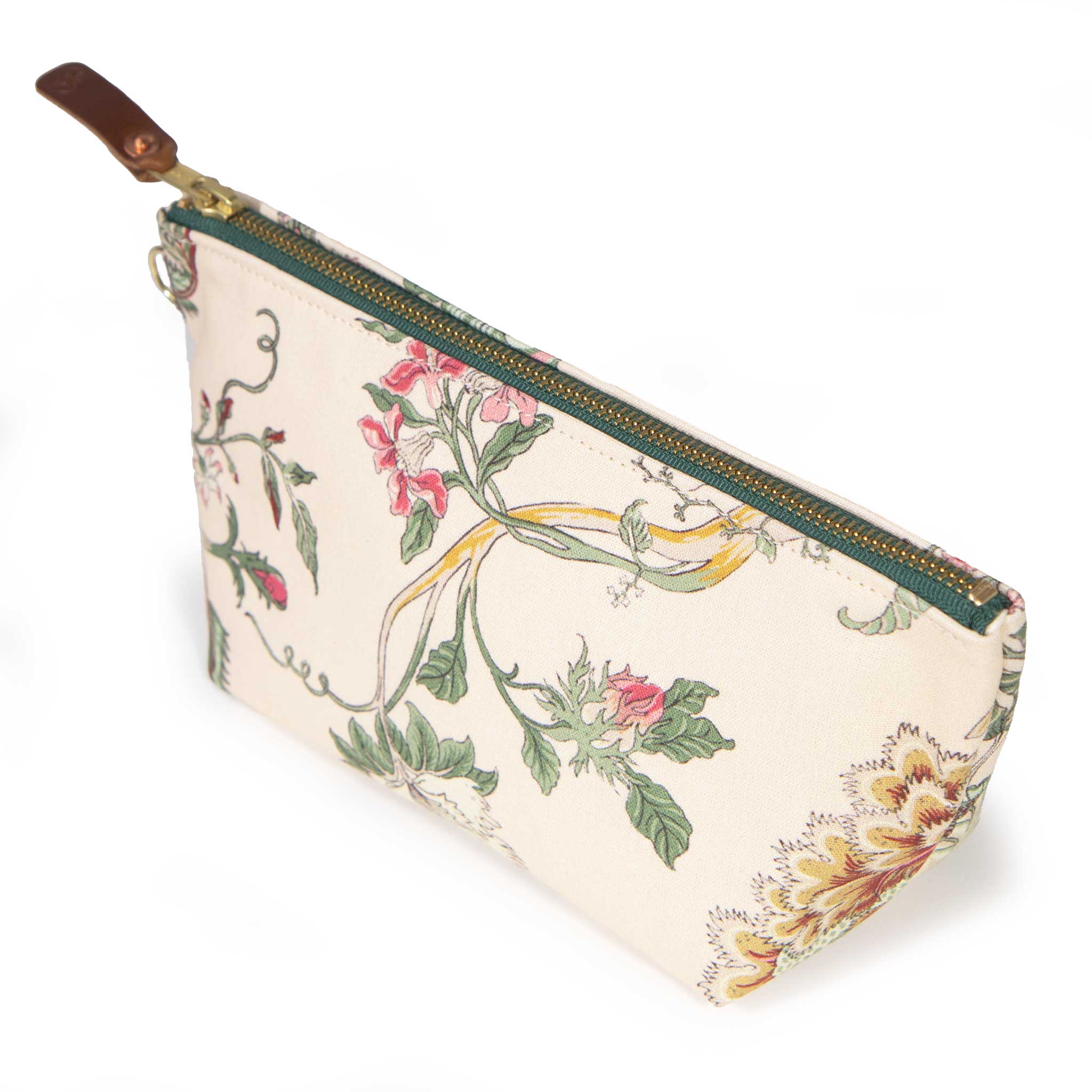Reverse of the Botanique Floral Print Travel Clutch, with pink blossoms and a gold chrysanthemum on trailing yellow stems