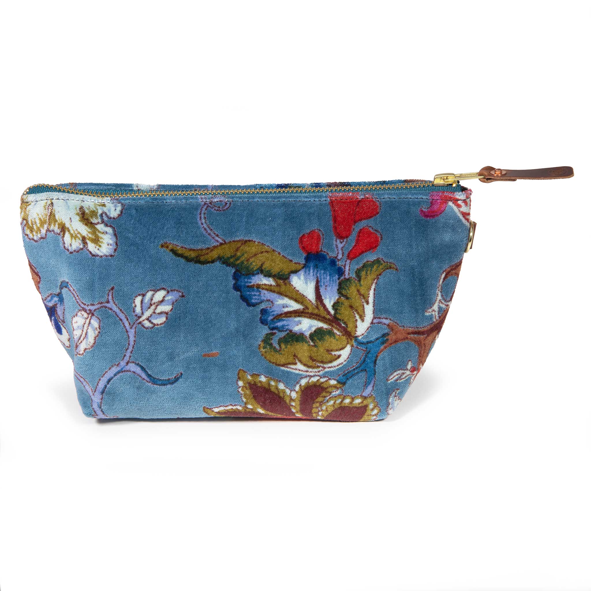 Front of the Palampore velvet travel clutch: scarlet, olive and indigo blooms on duck egg blue velvet with a brass zipper