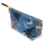 Back of the Palampore velvet travel clutch with indigo leaves and winding branches on duck egg blue velvet