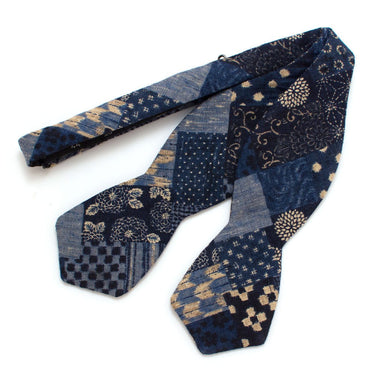 General Knot & Co. Self-Tied Diamond Point Bow 2.5" at widest 2.5" W- 13.5-18.5" adjustable band / Blue Multi Japanese Patchwork Bow