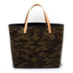 Classic camouflage print canvas tote with blonde leather handles and outdoor styling