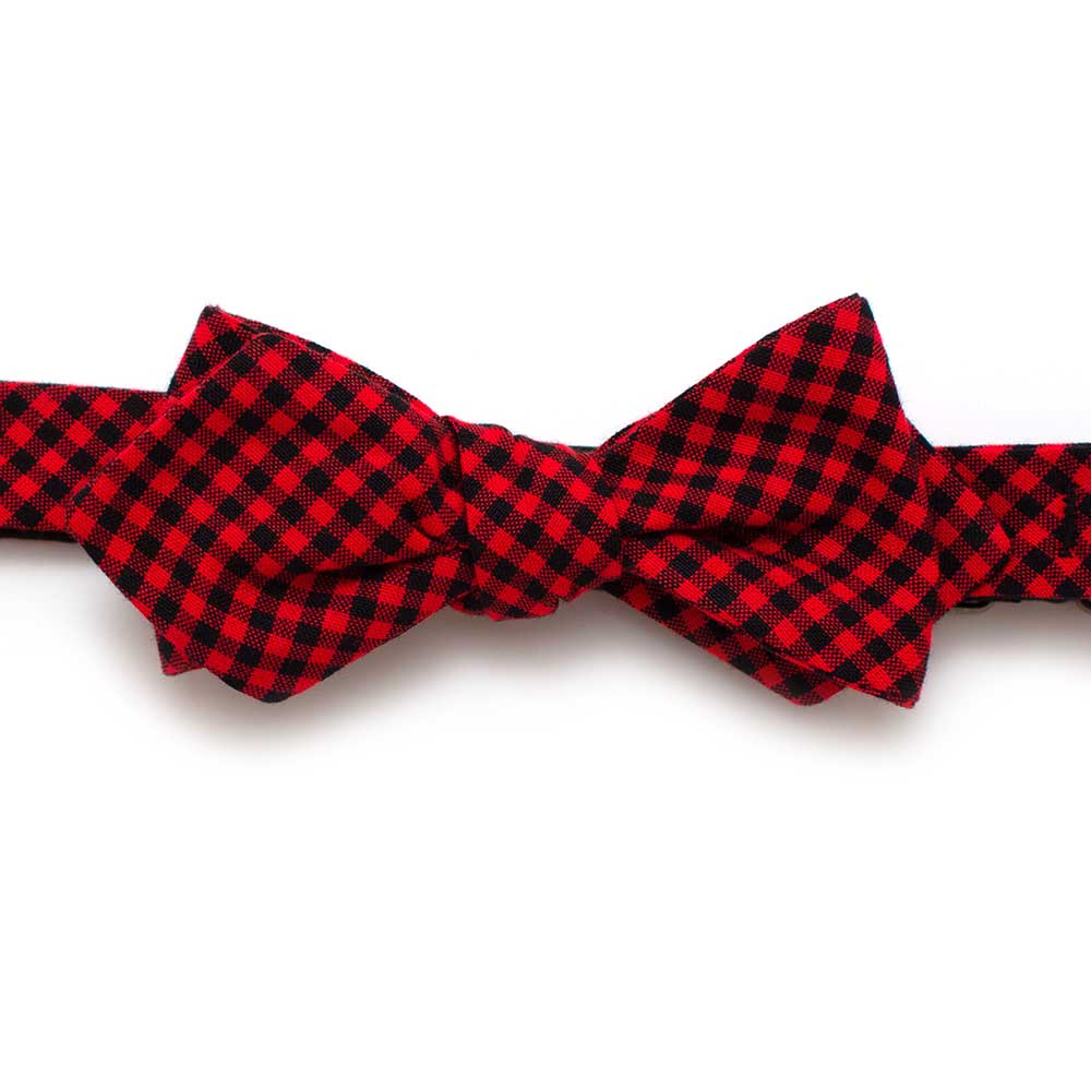 General Knot & Co. Self-Tied Diamond Point Bow 2.5" at widest 2.5 W''- 13.5-18.5 adjustable band / Red/Black Mini Check Bow- Red