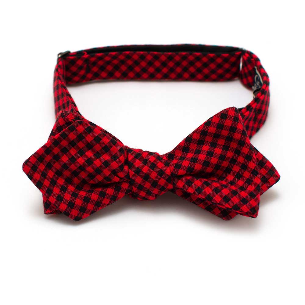 General Knot & Co. Self-Tied Diamond Point Bow 2.5" at widest 2.5 W''- 13.5-18.5 adjustable band / Red/Black Mini Check Bow- Red