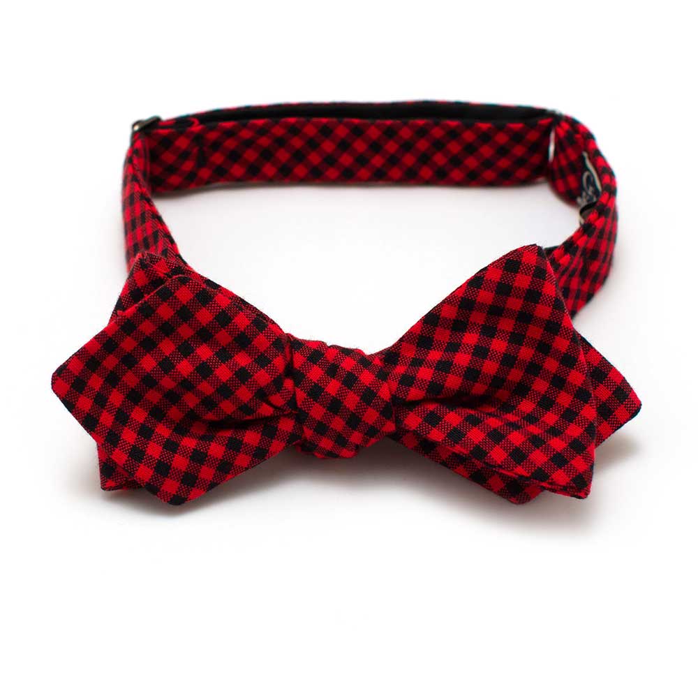 General Knot & Co. Self-Tied Diamond Point Bow 2.5" at widest 2.5 W''- 13.5-18.5 adjustable band / Red/Black Mini Check Bow- Red