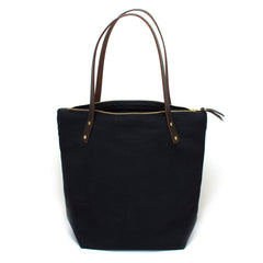 Black waxed canvas portfolio tote with brown leather handles