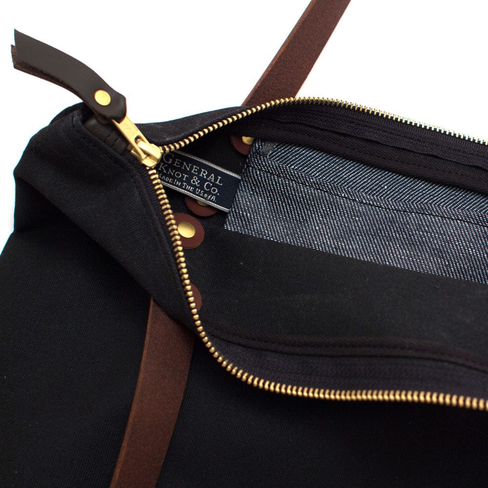 Detail Black waxed canvas portfolio tote with brown leather handles