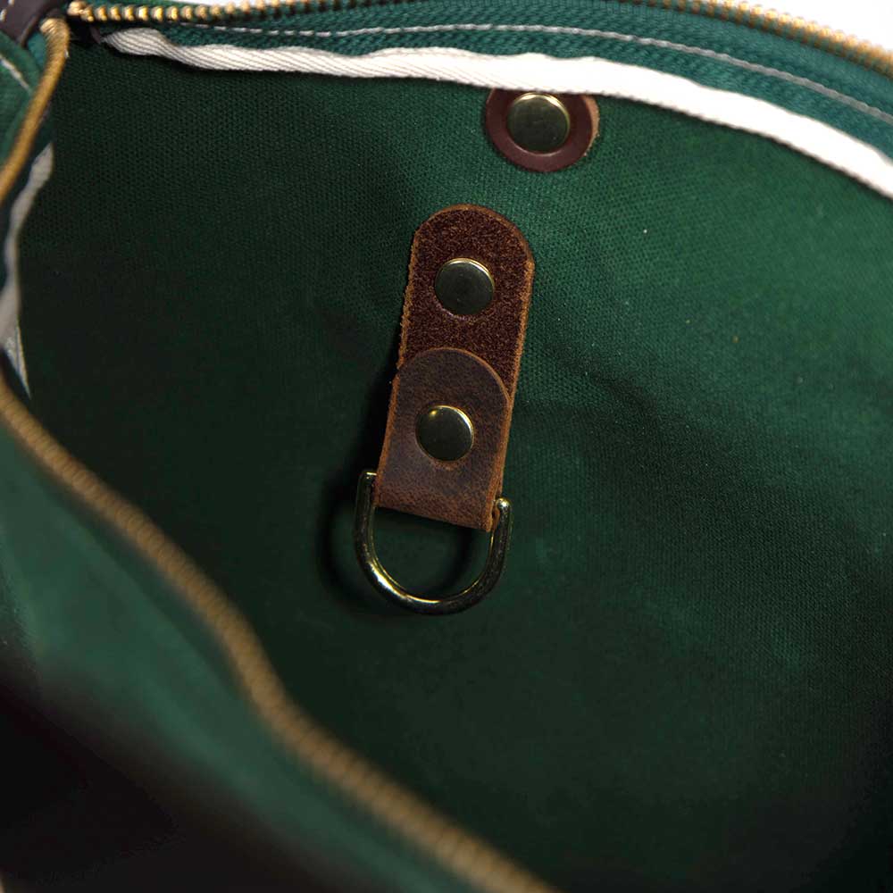 Interior Tennis green waxed canvas portfolio tote with brown leather handles