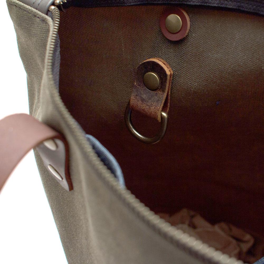 Interior Army green waxed canvas portfolio tote with brown leather handles