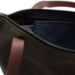 Interior Army green waxed canvas portfolio tote with brown leather handles
