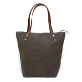 Army green waxed canvas portfolio tote with brown leather handles